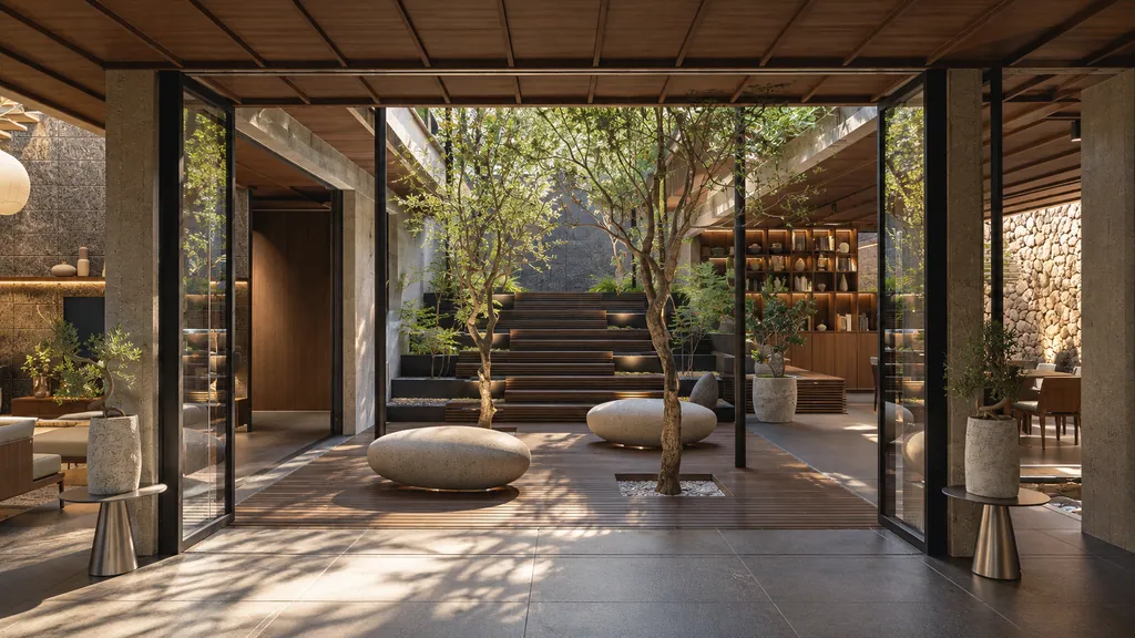 SC House, Bogor: the open-air court with a tree, stepping stones and the stair
